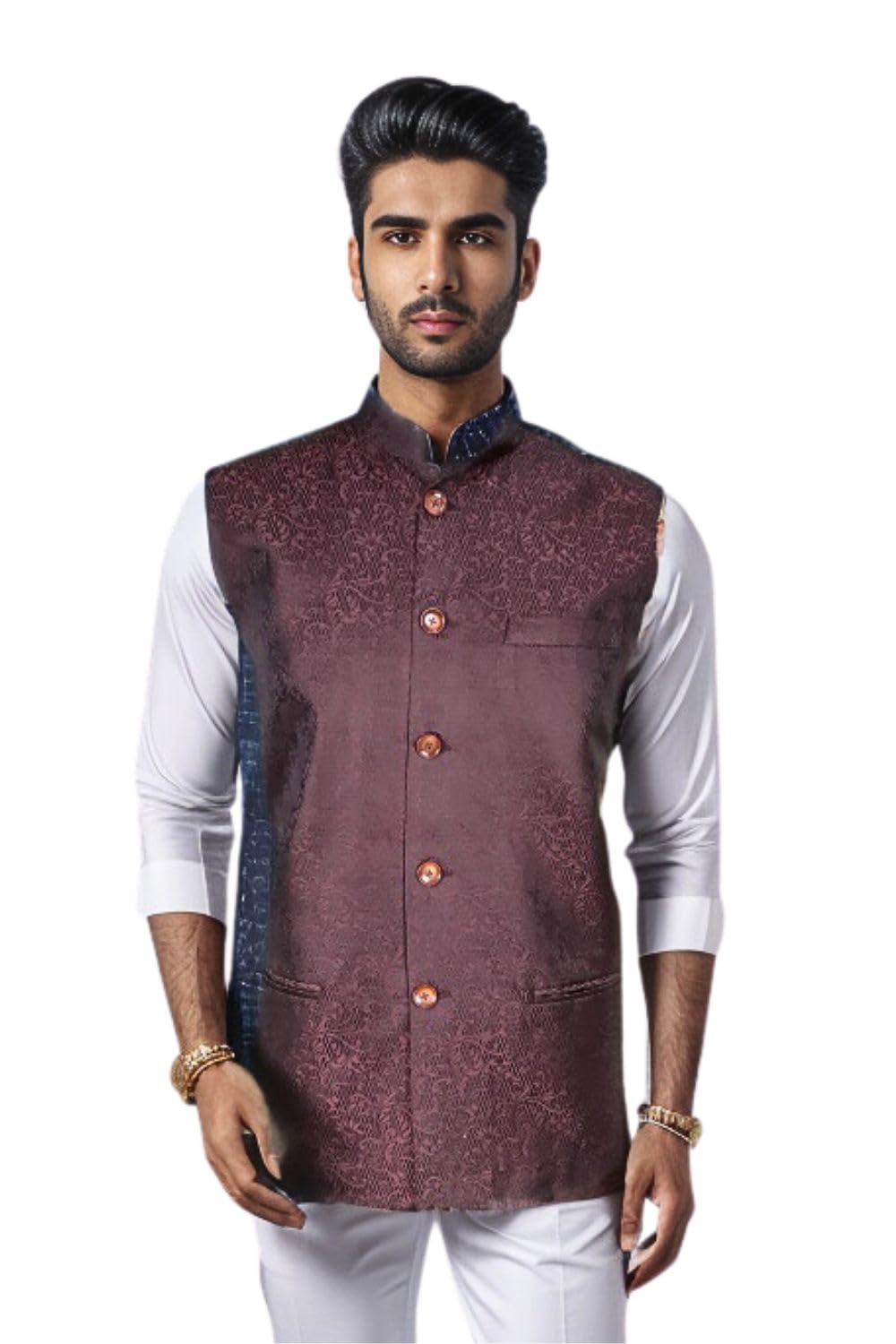 blacksmith Leaves Paisley Jacquard Nehru Jacket for Men - Wedding Jacket for Men, Maroon[40]-picture-18
