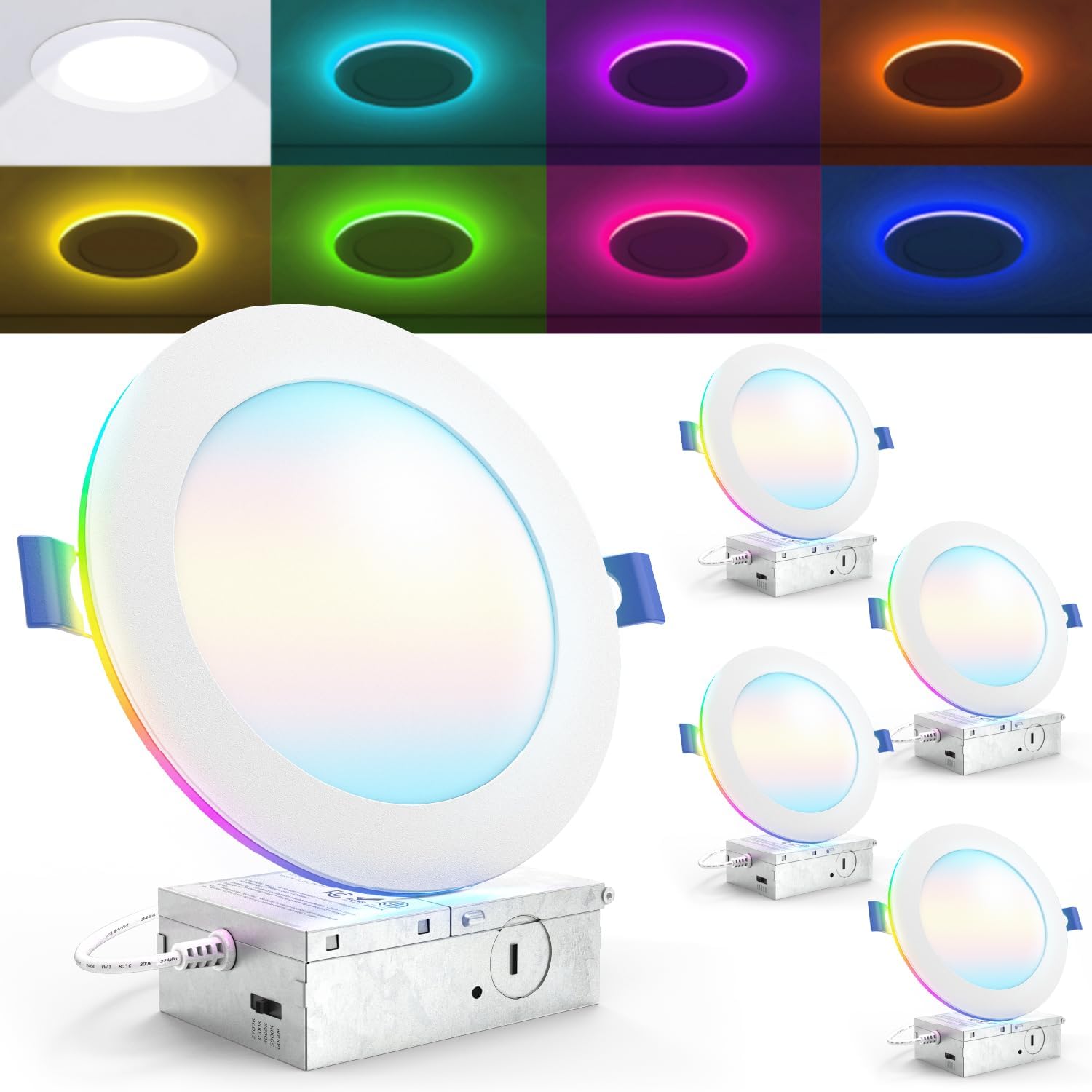 Sunco 4 Pack 6 Inch Smart Ultra Thin LED Recessed Ceiling Lights with Night Light, Tunable CCT 2700K to 6000K, Dimmable, 15W, Smooth Trim, Canless with Junction Box