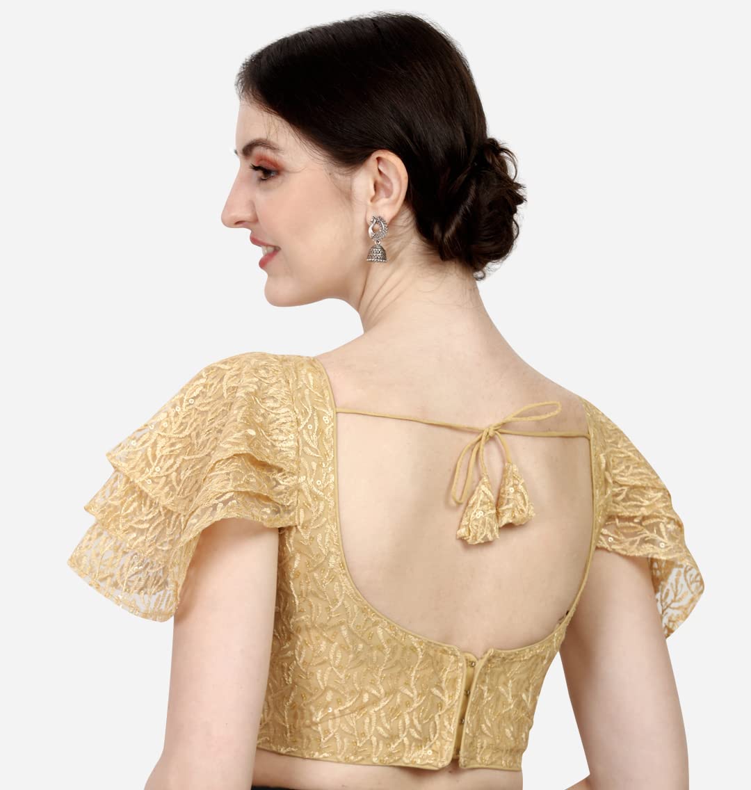 Pujia Mills Women's Shipali Net Work Ruffle Sleeves Readymade Saree Blouse