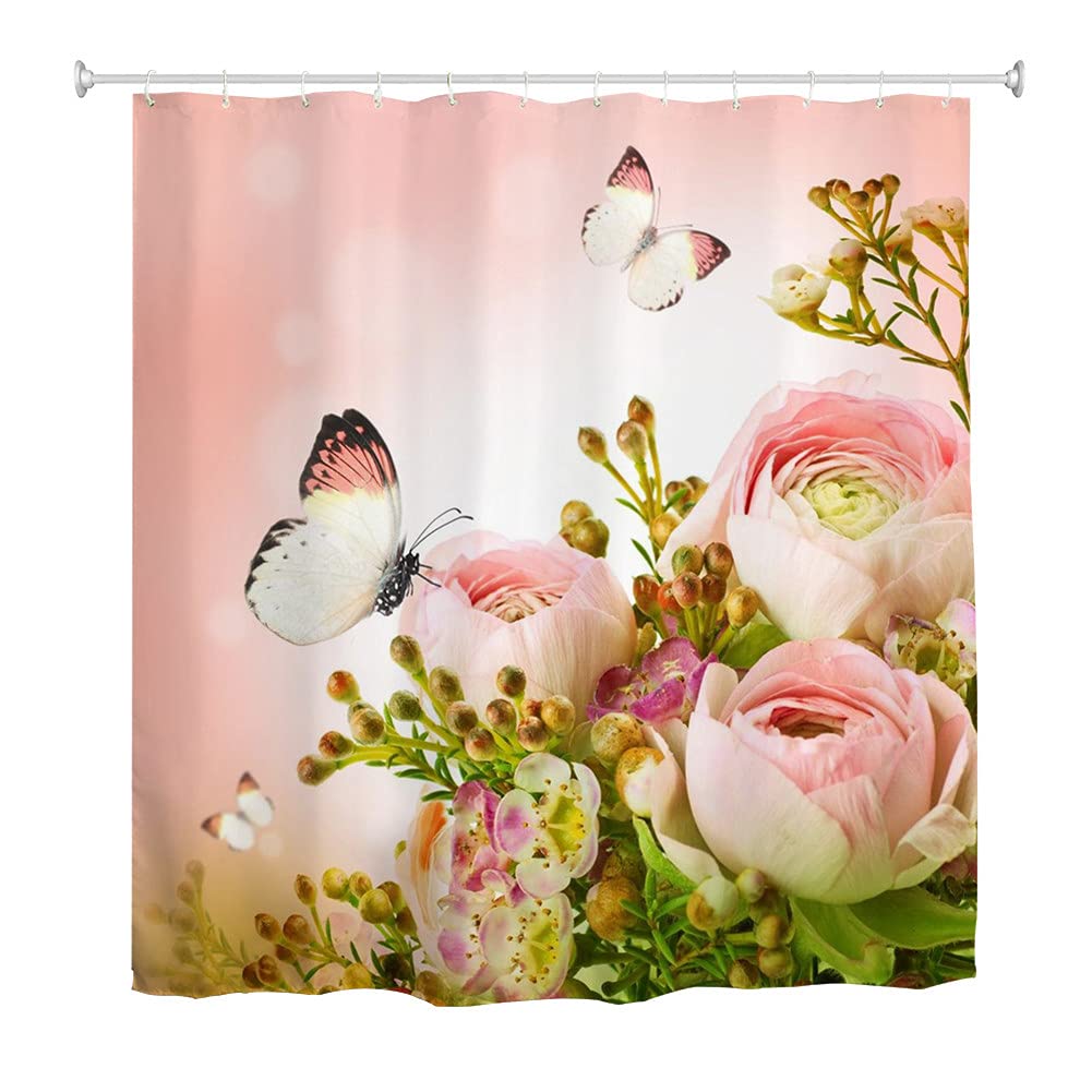 Oduo Pink Flowers Shower Curtains 3D Butterfly Print, Mould Proof Resistant Waterproof Shower Curtains Washable Bath Curtain With 10-12 Hooks - Shower Curtain For Bathroom (,90X180cm)