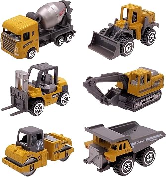 Kids Diecast Construction Vehicles Metal Engineering Cars Set Toys Play Trucks for Boys Age 3 4 Birthday Party Supplies Cake Topper Pack of 6