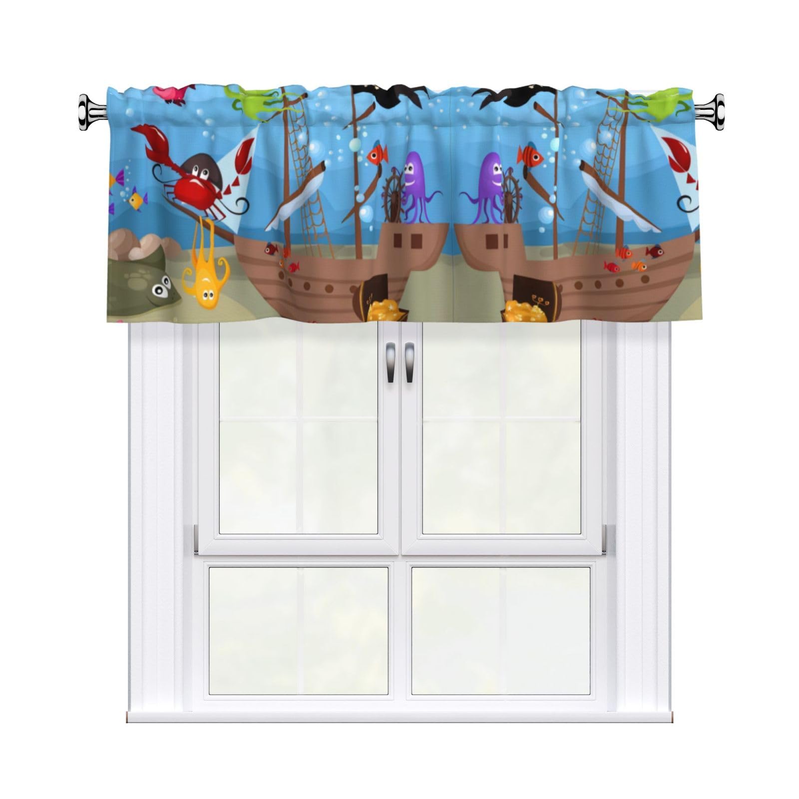 WHJDPP Ocean Underwater Fish Prints Charming Kitchen Window Cover – 54x18 Inch Peach Skin Valance with Decorative Print
