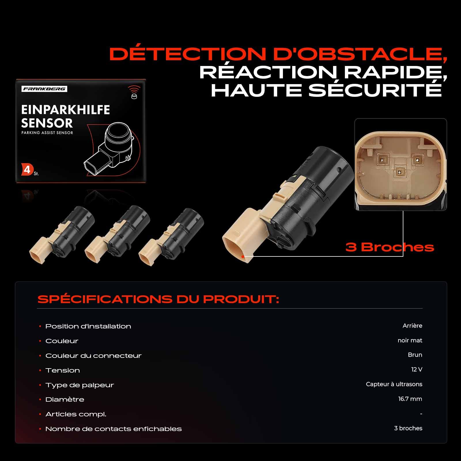 Frankberg 4 capteurs de stationnement arrière PDC à 3 broches 659095 | Compatible avec: 307 3A/C, C2 Enterprise JG, Berlingo/Berlingo Premier monospace GFK GJK MF, 307 SW 3H