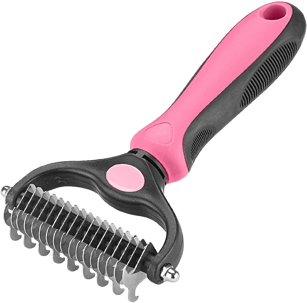 Pet Grooming Rake - Double-Sided Deshedding Dematting Tool, Undercoat Rake for Dogs & Cats, Extra-Wide Dog Grooming Brush & Deshedder Comb for Long Hair, Reduces Shedding 95%,Pink