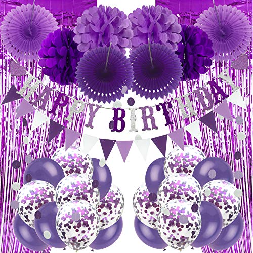 Recosis Geburtstags Dekorationen, Lila Party Dekorationen für Mädchen Frauen Alles Gute zum Geburtstag Banner, Vorhänge Papier Pompons und Fans Girlande Luftballons für Geburtstagsfeier Dekorationen Cover