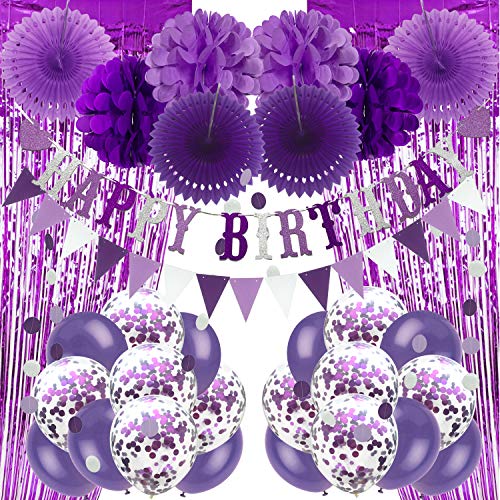 Recosis Geburtstags Dekorationen, Violett Party Dekorationen für Geburtstag Banner Gardinen Papier Pompons & Fans Girlande Luftballons für Geburtstagsfeier Dekorationen