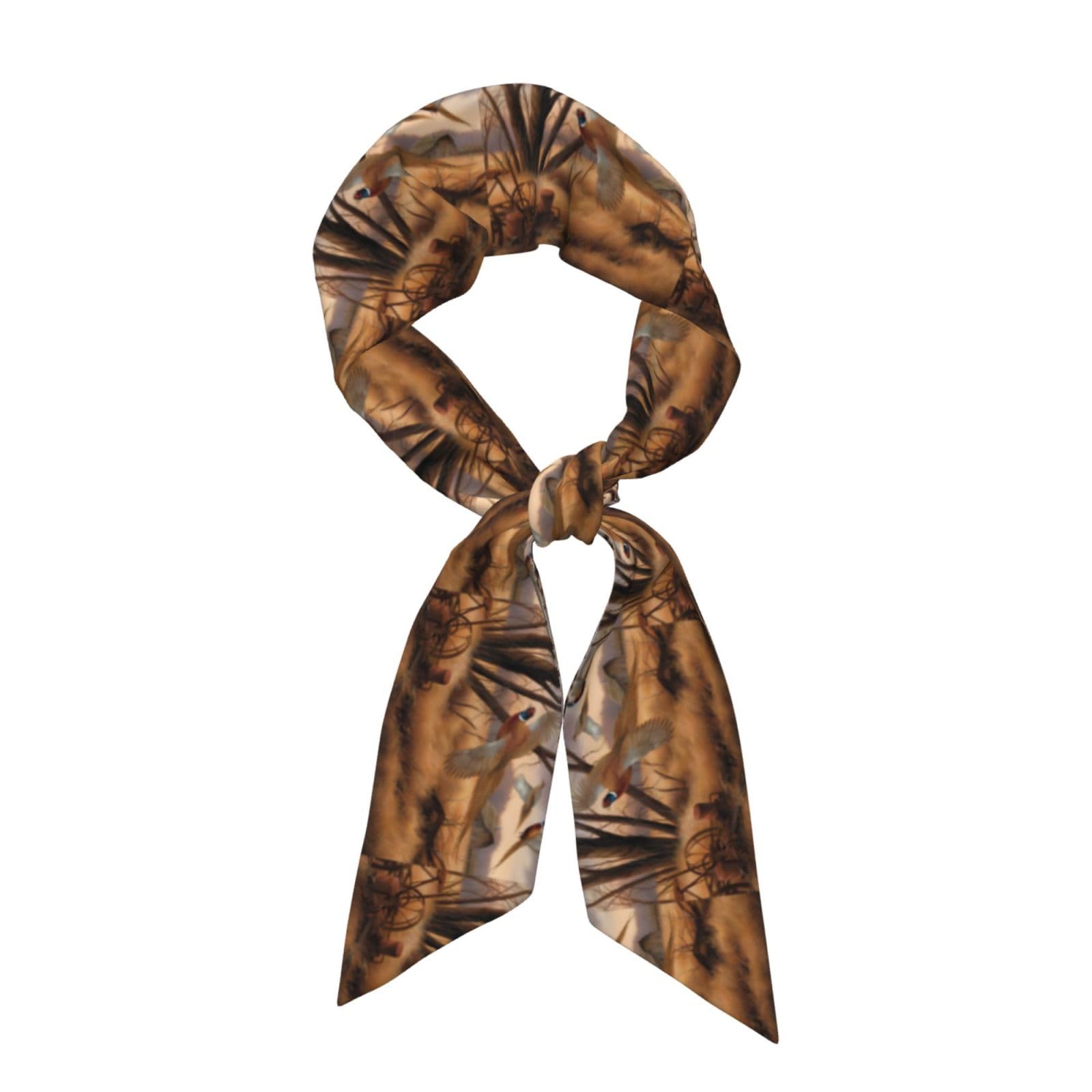 Whjshop Women's Black Pheasant Hunting Printed Long Strip Silk Scarf For Soft And Smooth Strip, Handbag Accessories
