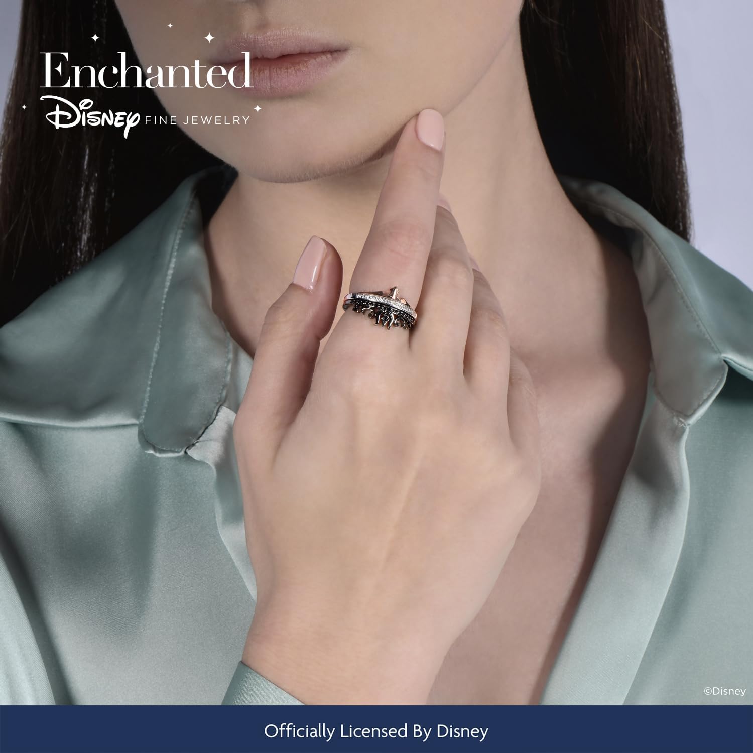 Jewelili Enchanted Disney Fine Jewelry Black Rhodium and Rose Gold Over Sterling Silver 1/5 Cttw Treated Black and Natural White Round Diamonds Aurora and Maleficent Duo Stack Ring