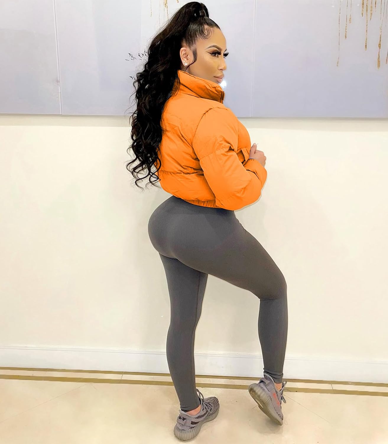 Angsuttc Puffer Jacket Womens Cropped Zip Up Padding Warm Quilted Jackets Winter Coats - Image 2