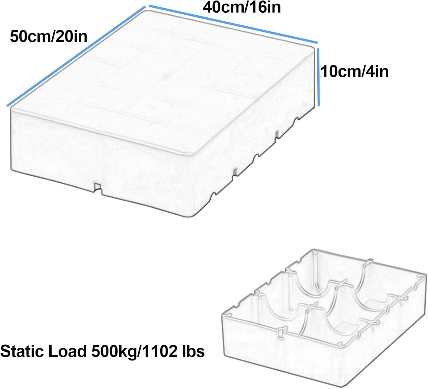 HDPE Plastic Platform, Plastic Pallets for Basement Storage, Snap-on Design, Waterproof, One-Piece Molding, for Basement Garage Supermarket, Static Load 1102 Lbs(Black,50 * 40 * 10cm/20 * 16 * 4in)