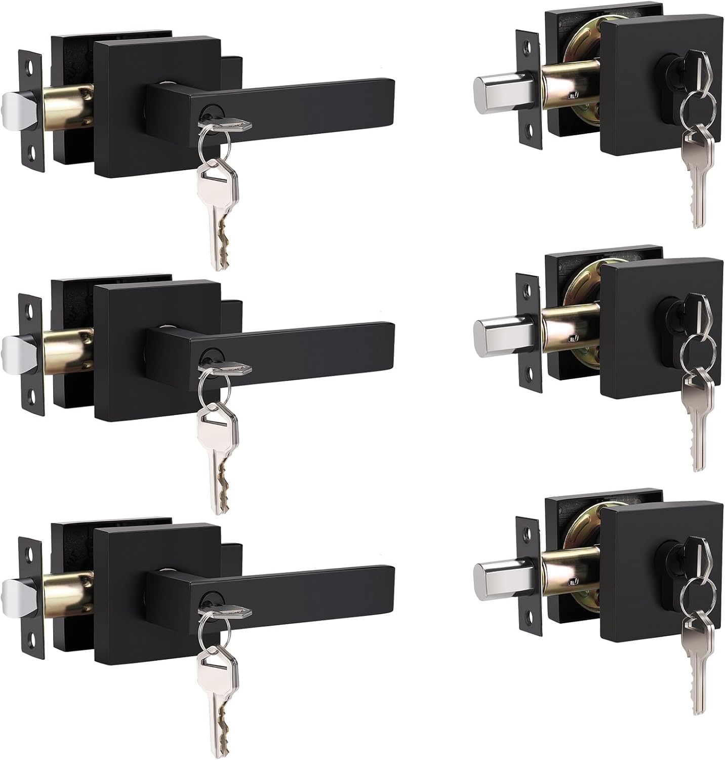 home improvement direct 3 Pack Keyed Entry Door Lever and Double Cylinder Deadbolt Set, Keyed Alike Reversible Lockset, Matte Black Square Interior/Exterior Handleset for Bedroom, Front Door