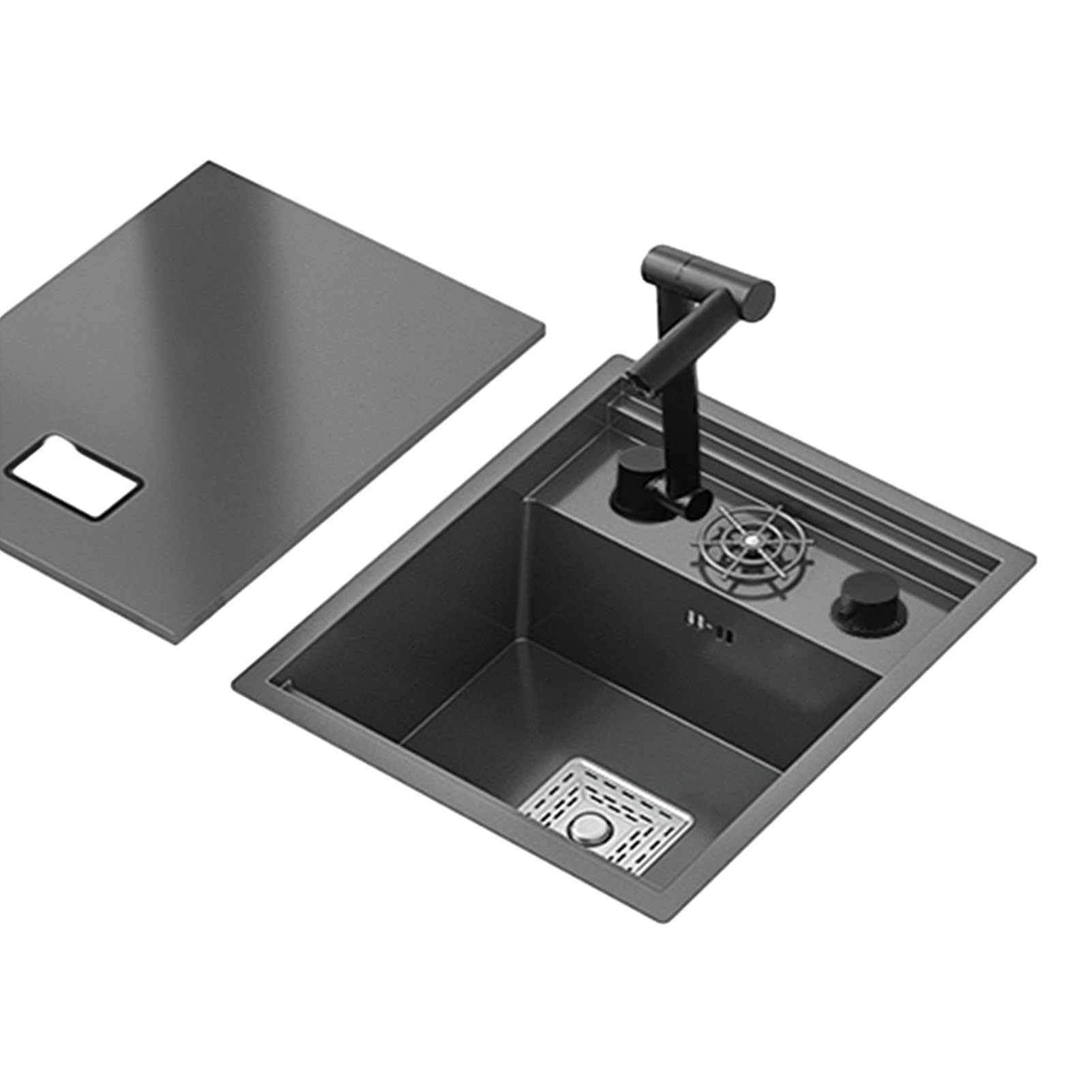 WDSOPK SpaceSaving Black Single Bowl Kitchen Sink Undermount RV Sink with CoverBuiltin Sink with Siphon Stainless Steel Multifunct Faucet (3 45 * 50 * 22cm)