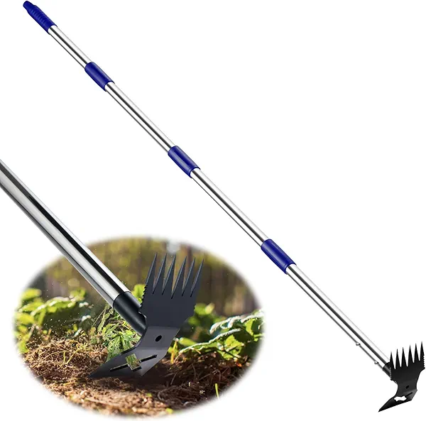 LAWFYMORI Weed Puller Tool with Long Handle, 60'' Weed Remover Weeding Tool, Heavy Duty 2 in 1 Manual Weed Rake and Garden Hoe, Gardening Weeder Tools for Yard, Lawn, Patio, Garden Blue