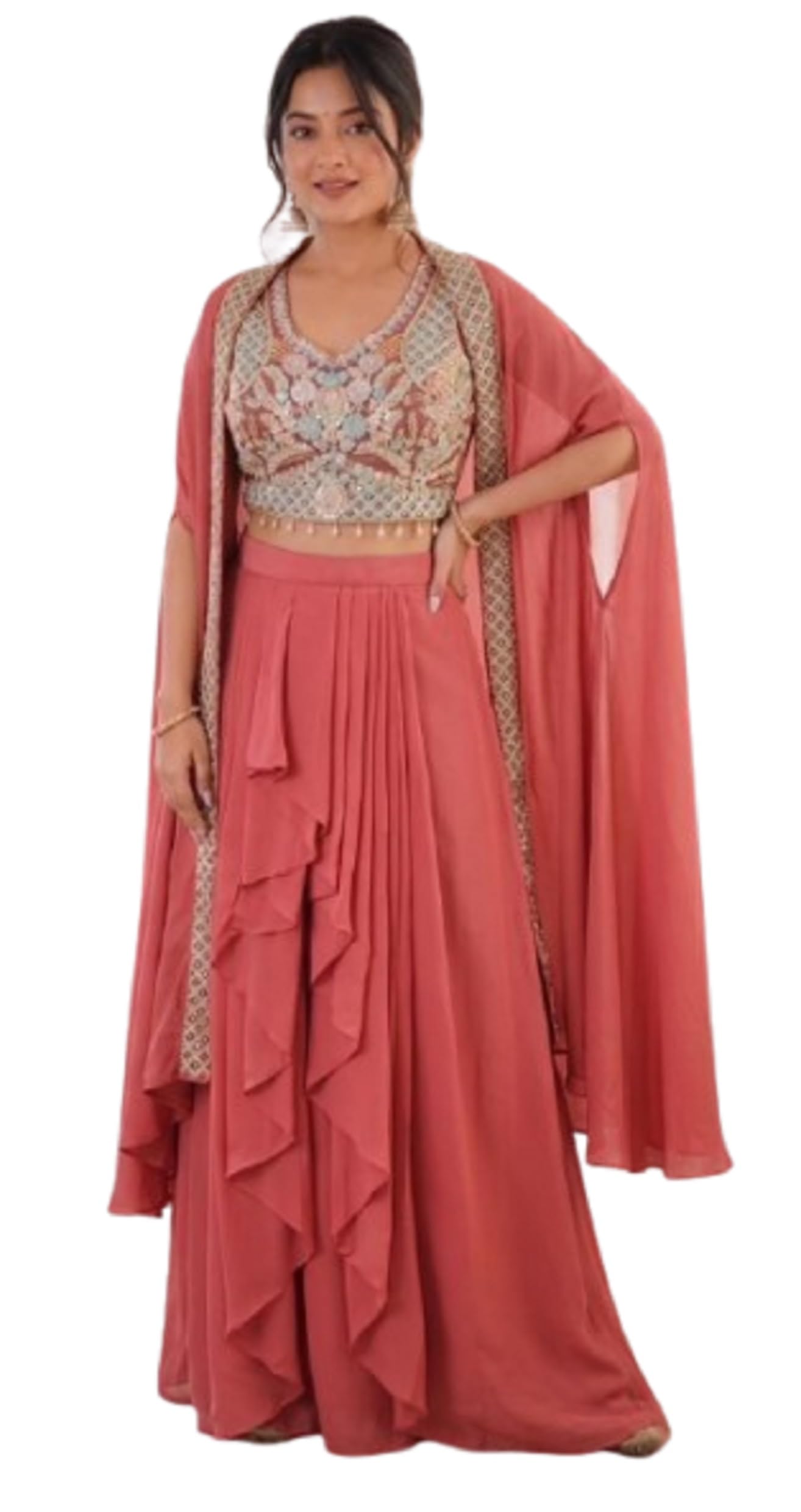 Lehenga Dhoti Trending Women's three-piece western outfit for the trendy wedding Shrug with Dhoti style,Hevey Banglori Full Stitched Blouse Set indo-Westerrn-image-41