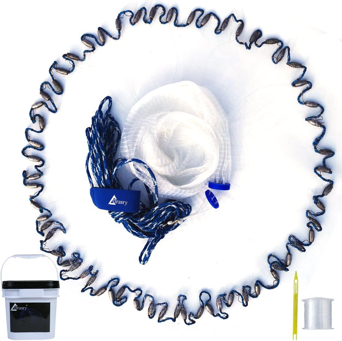 Drasry Saltwater Fishing Cast Net for Bait Trap with Heavy Sinkers Fish Throw Net. Size 3ft/4ft/5ft/6ft/7ft/8ft/9ft/10ft Radius Freshwater Nets 7FT (210cm) Radius Lead Sinkers-3/8mesh-0.3mm Monofilament