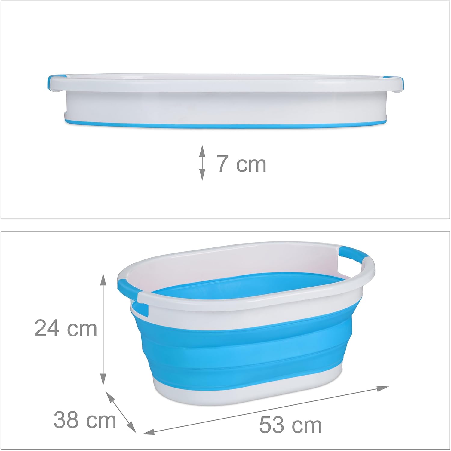 Relaxdays Laundry Basket Foldable, 24 litres, Plastic Tub, Space-Saving Folding with Handles, Blue and White, 24 x 53 x 38 cm