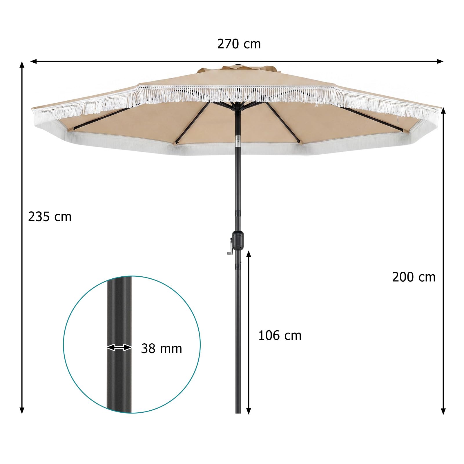 FANTASK Sonnenschirm 270 cm, Boho Gartenschirm mit Fransen, Balkonschirm rund mit Kurbel, beidseitig um 30° knickbar, UV-Schutz Gartenschirm, Balkonschirm für Balkon, Garten, Strand Pool (Beige)