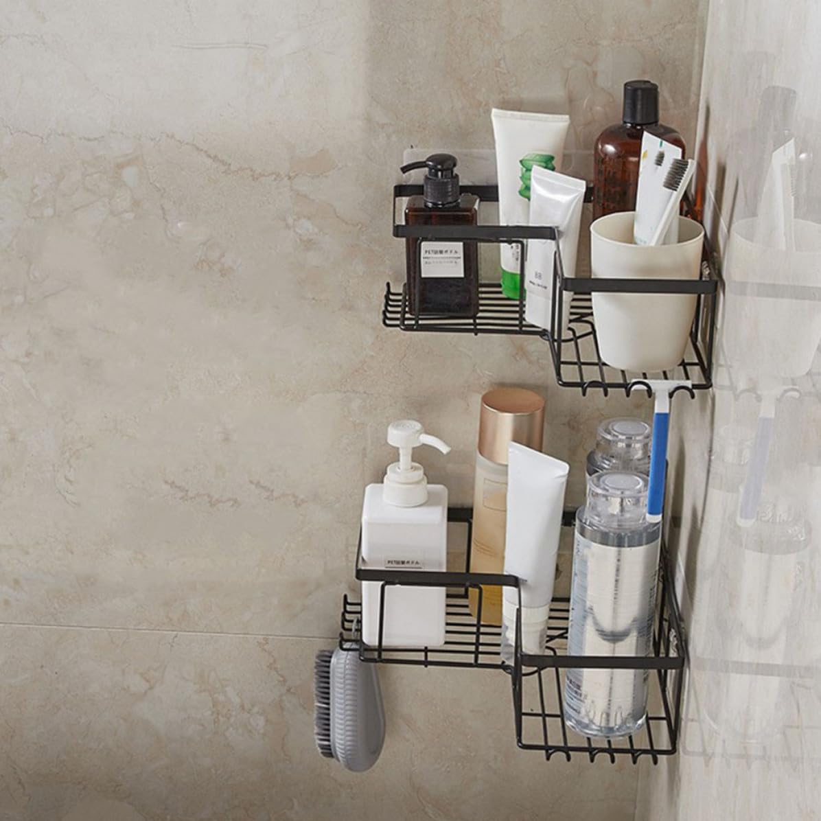 CHILDWEET Mensola Angolare Doccia senza Forare in Acciaio al Carbonio Nero, Struttura Robusta, Set 2 Pezzi per Organizzare Saponi e Accessori in Bagno o Cucina