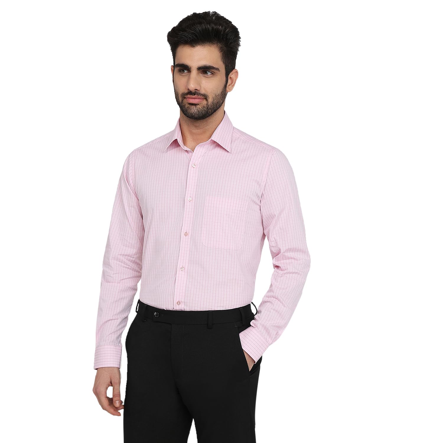 Men Slim Fit Checks Pattern Pure Cotton Semi Cutaway Collar Full Sleeve Formal Shirt Red-image-28