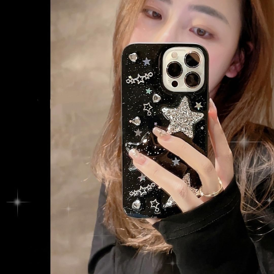 Funda para teléfono Starry Glitter para iPhone 15 14 13 12 11 Pro MAX X XR Xsmax 7 8 Plus Transparente Negra con Estrellas 3D y Diamantes de Imitación (para iPhone 11/830-negro)