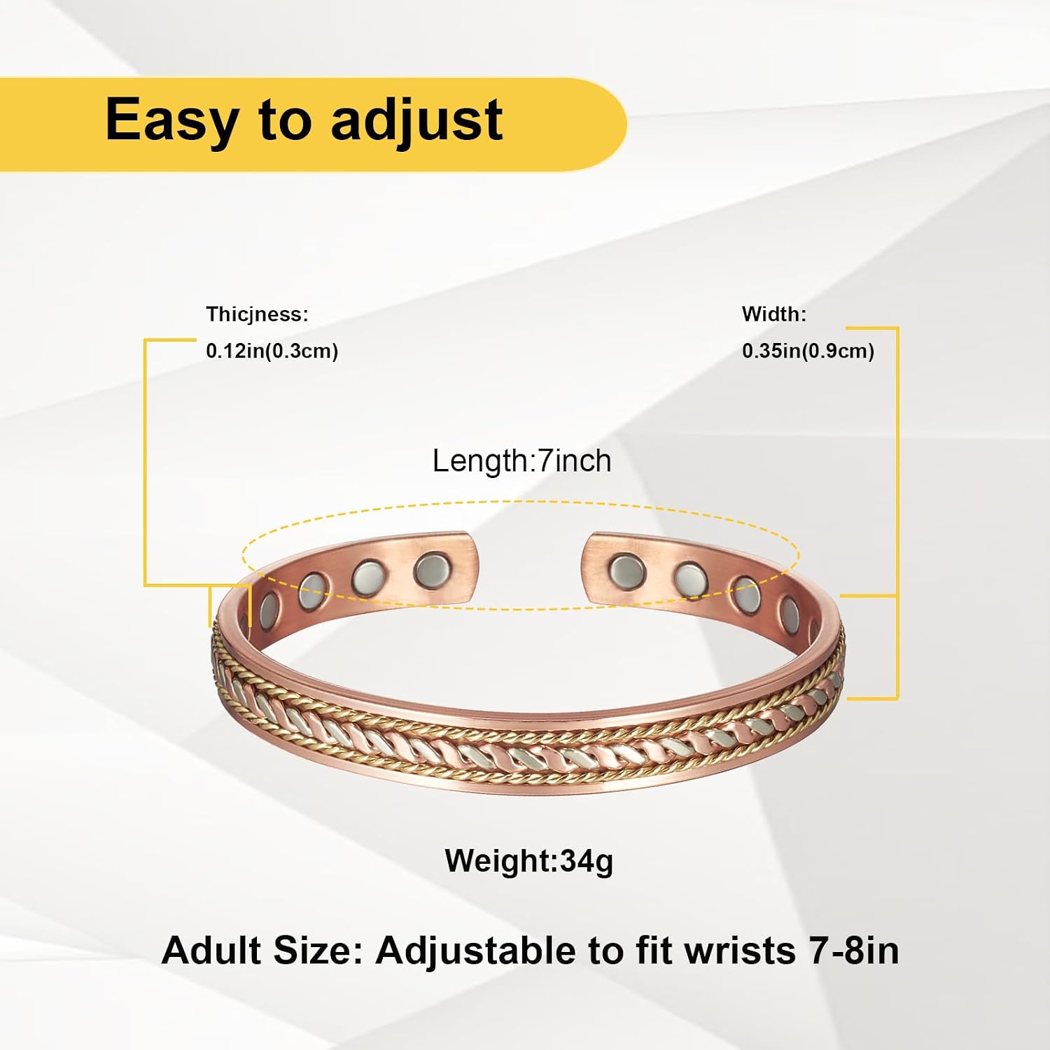 Copper Magnetic Bracelet, 99% Pure Copper Three-Color Gold Braid Adjustable Bracelet, Fashion Jewelry Present (2058)