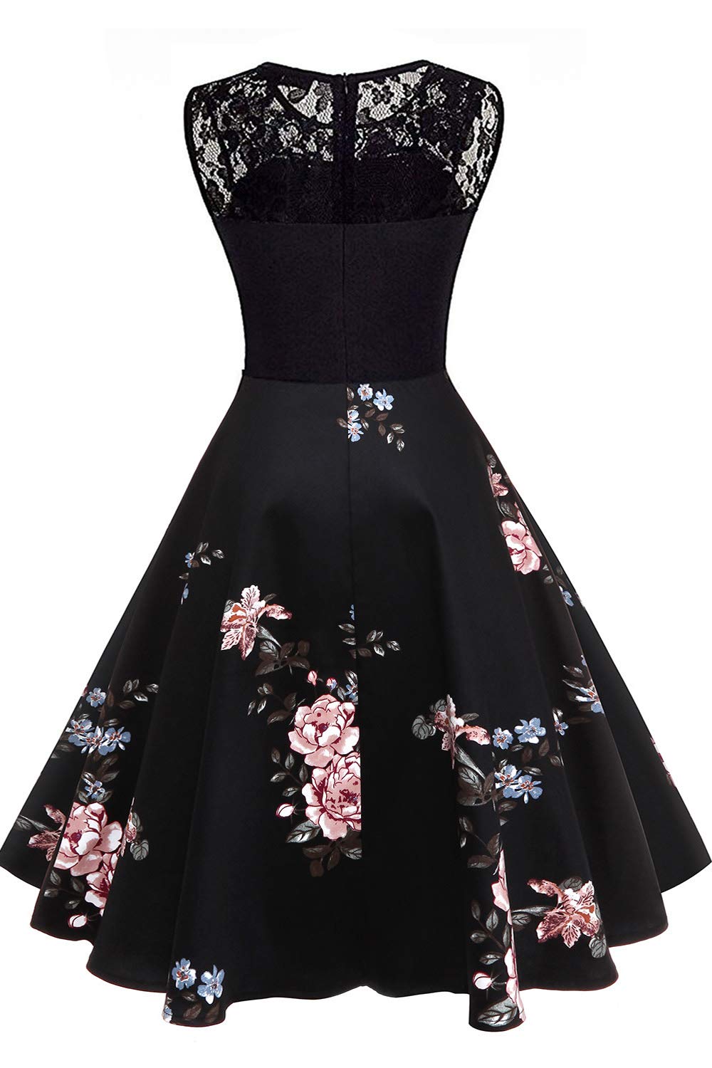 AXOE Robe Vintage Femme Fleurie Années 50 avec Dentelle | Haut Extensible Ajusté et Jupe en Coton, Léger, Sans Manches, Coupe Au Genou pour Cocktail, Mariage, Cérémonie, Réception