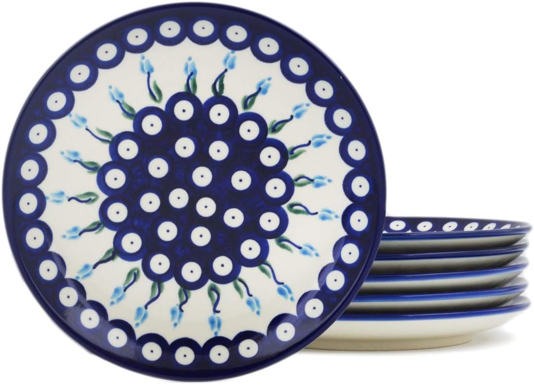 Polmedia Polish Pottery Set of 6 dessert plates - Peacock Tulip Garden Pattern Handmade in Boleslawiec Poland by Ceramika Bona + Certificate of Authenticity