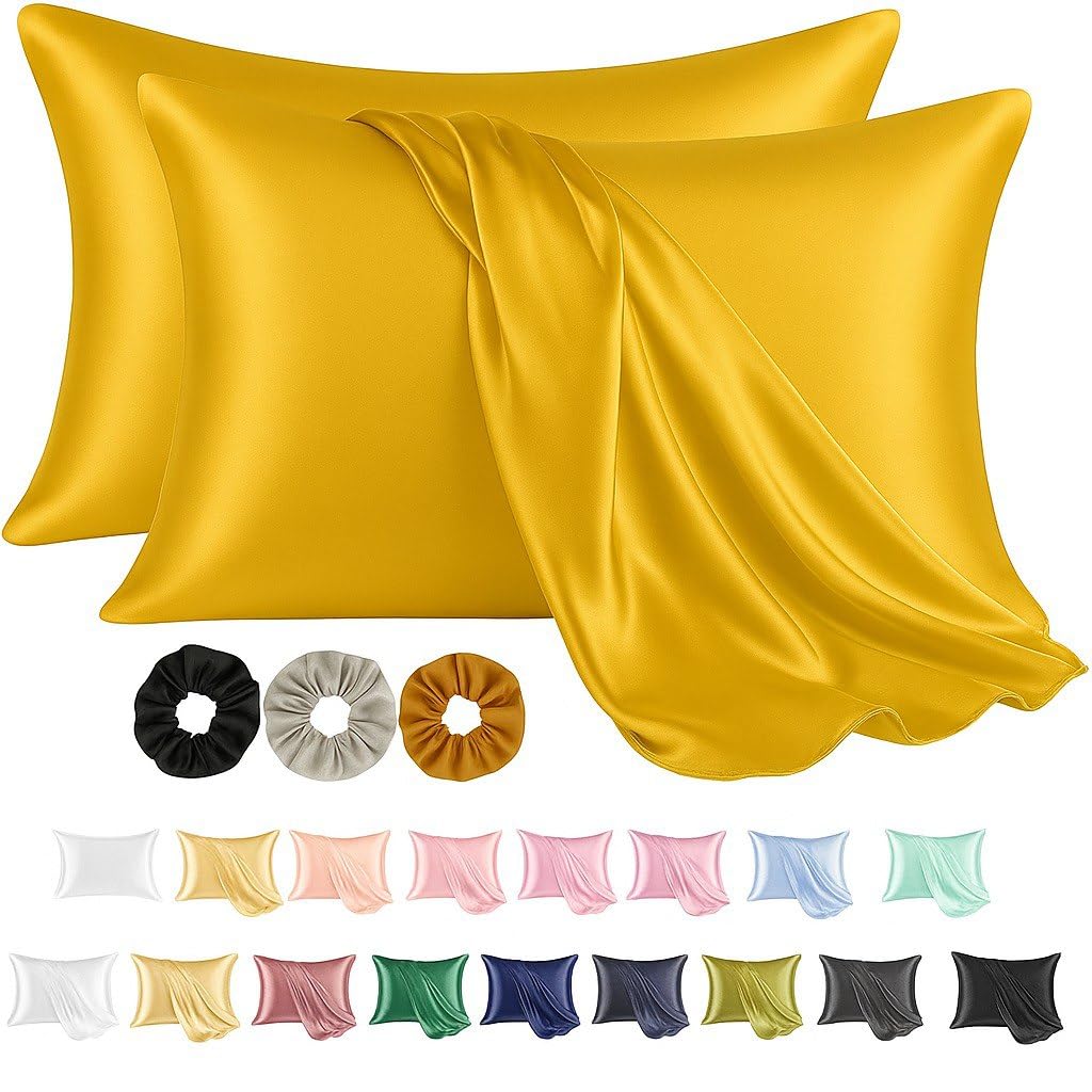 2 Pcs Satin Pillow Covers for Hair & Skin with 3 Free Scrunchies – Soft, Cooling, Silk-Like Pillowcases Standard Size for Women & Men, Anti-Frizz, Breathable & Gift-Ready (Yellow)-image-28