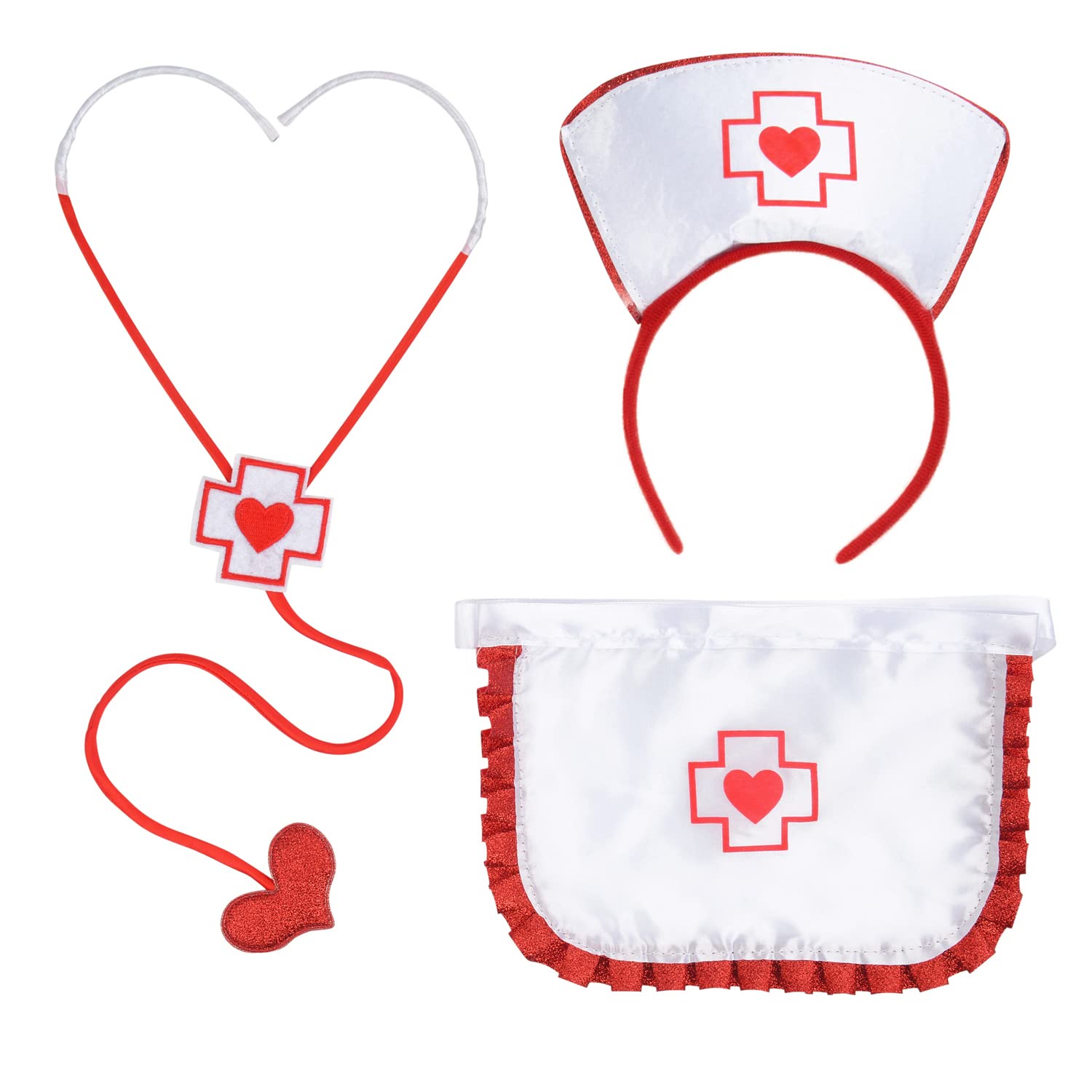 Dzrige Women's Nurse Costume, Nurse Hat Headband Apron and Stethoscope for Halloween Nurse Outfit Cosplay, One Size