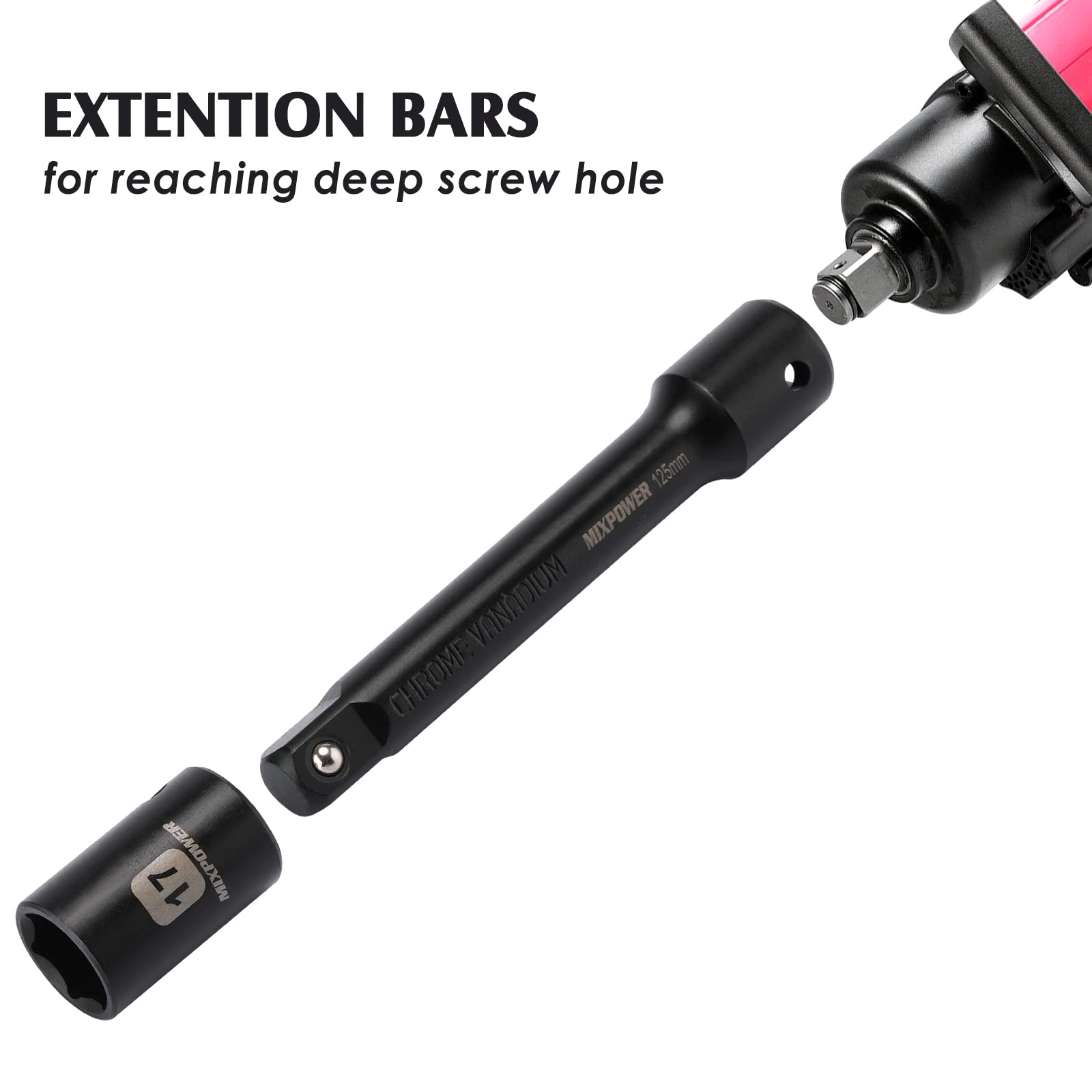 MIXPOWER 17-teiliges 1/2 Zoll Steckschlüssel Set – Flach, 10–32 Mm, Inkl. 12,7 Cm & 25,4 Cm Verlängerungen, CR-V Stahl