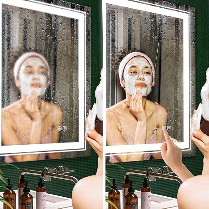 Image of Modern Front‑Lit LED Mirror - Gentle Dimming, Built‑in Defogger, Auto Memory & Easy Touch Control for Bathroom & Vanity. (20x28 inches)