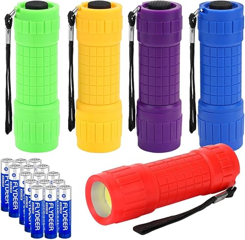 KunHe 5 Pack Plastic Small Mini LED Flashlight COB Flashlights for Kids 100 Lumen with Batteries High CRI for Bright Flash Light Party Favors Christmas Gifts Stocking Stuffers