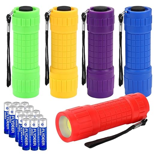 KunHe CO1 Small Mini LED Flashlight Pack of 5 COB Plastic Flashlights for Kids 100 Lumen with Batteries High CRI for School Night Reading Supplies Party Favors Christmas Gifts