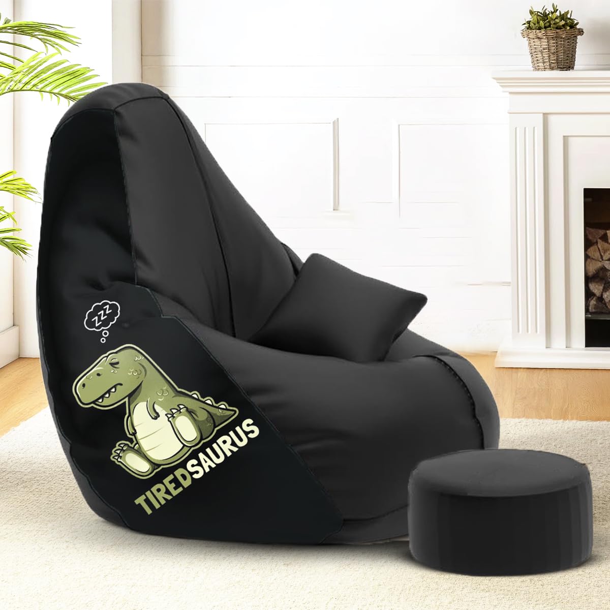 Amazon Brand - Solimo Premium Faux Leather Bean Bag Combo with Footrest & Cushion, Filled with Beans | Capacity: Upto 6 Ft 3 in Height, 120 KG Weight | 4XL | Tired Saurus