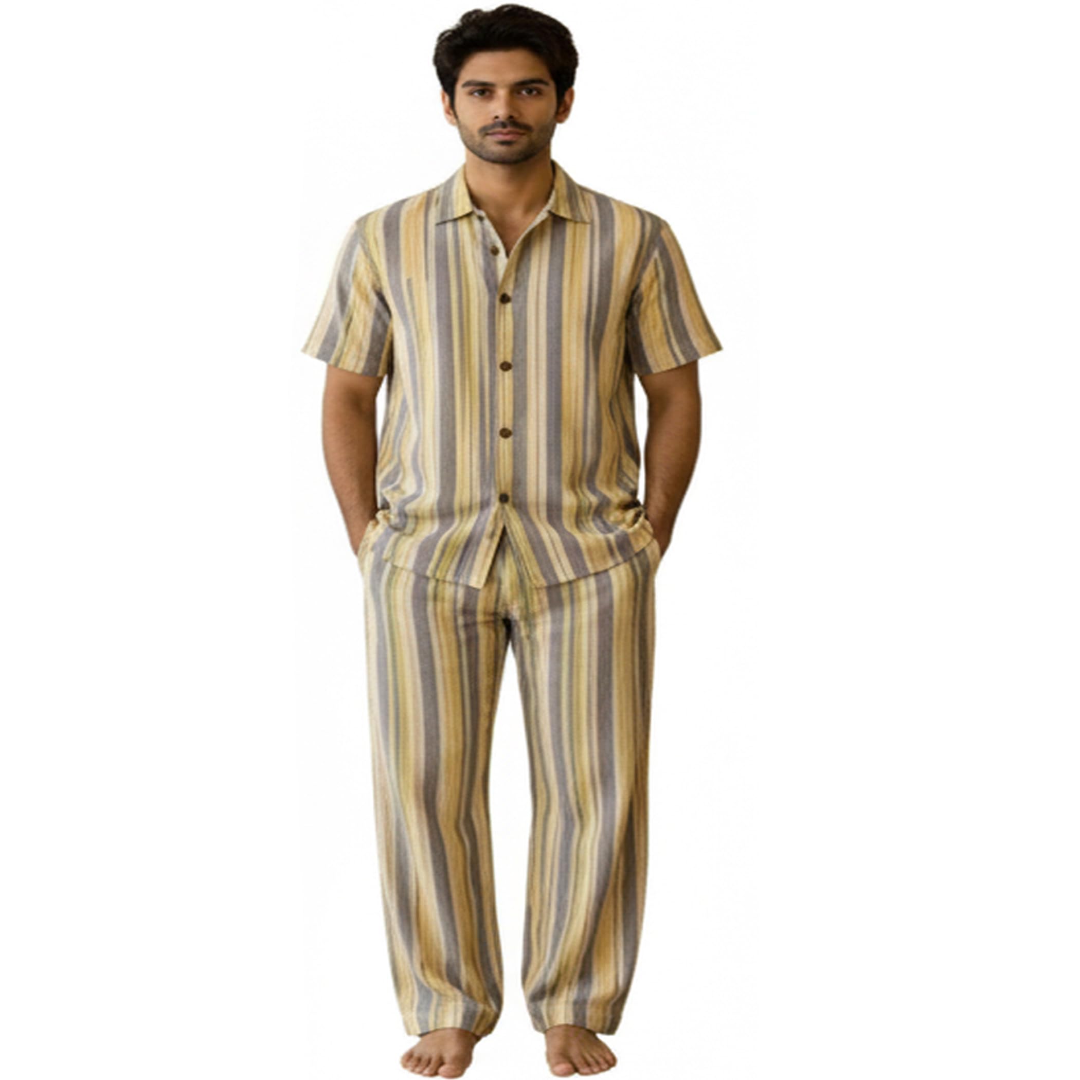 ukal Men's Striped Pyjama Set, Short Sleeve Shirt and Full-Length Trouser-picture-24