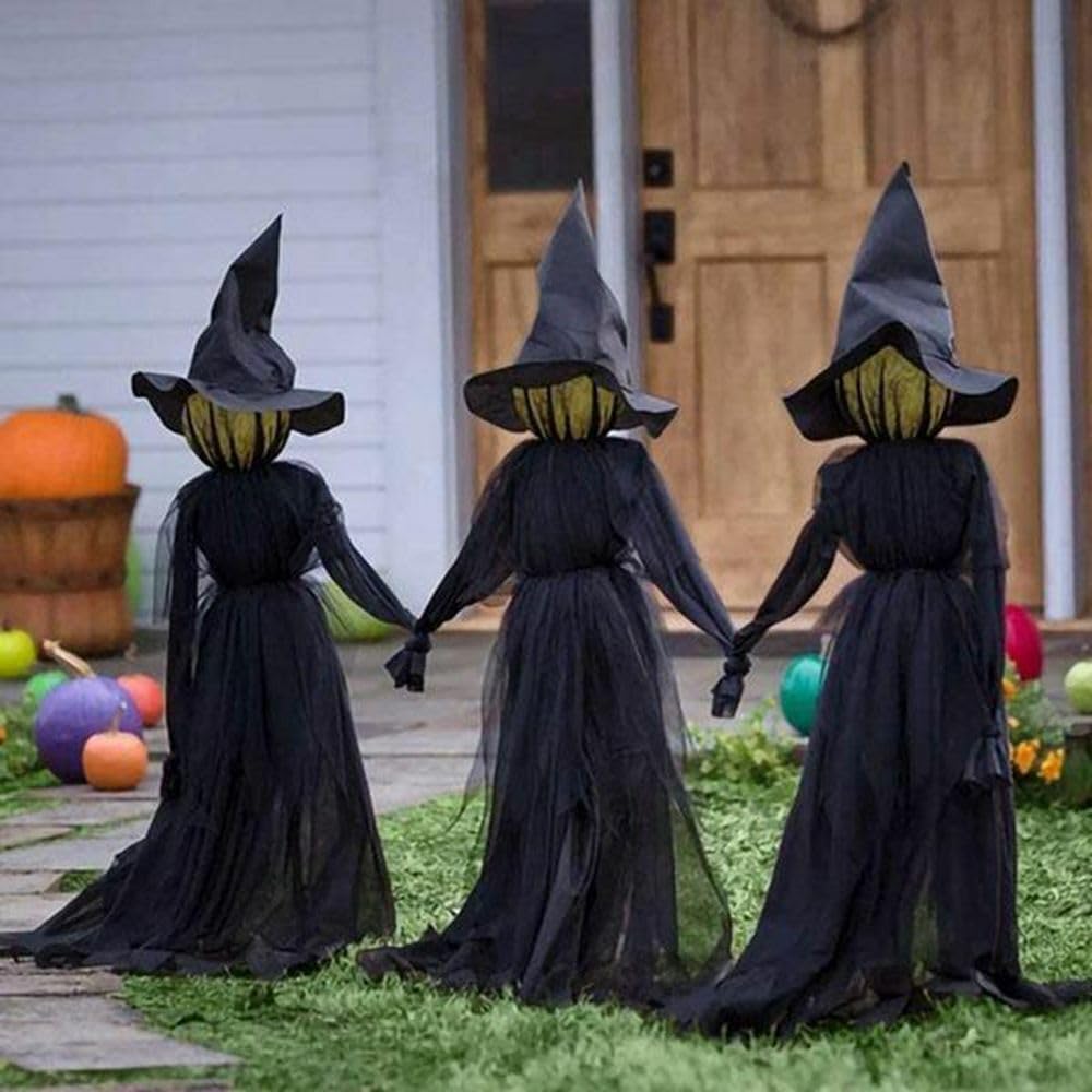 Set of 3 LED Halloween Black Witches with Hats Stakes | 4 Feet Tall | Outdoor Safe | Weatherproof Battery Operated | Spooky Garden Statue Decoration Grass Lawn or Patio