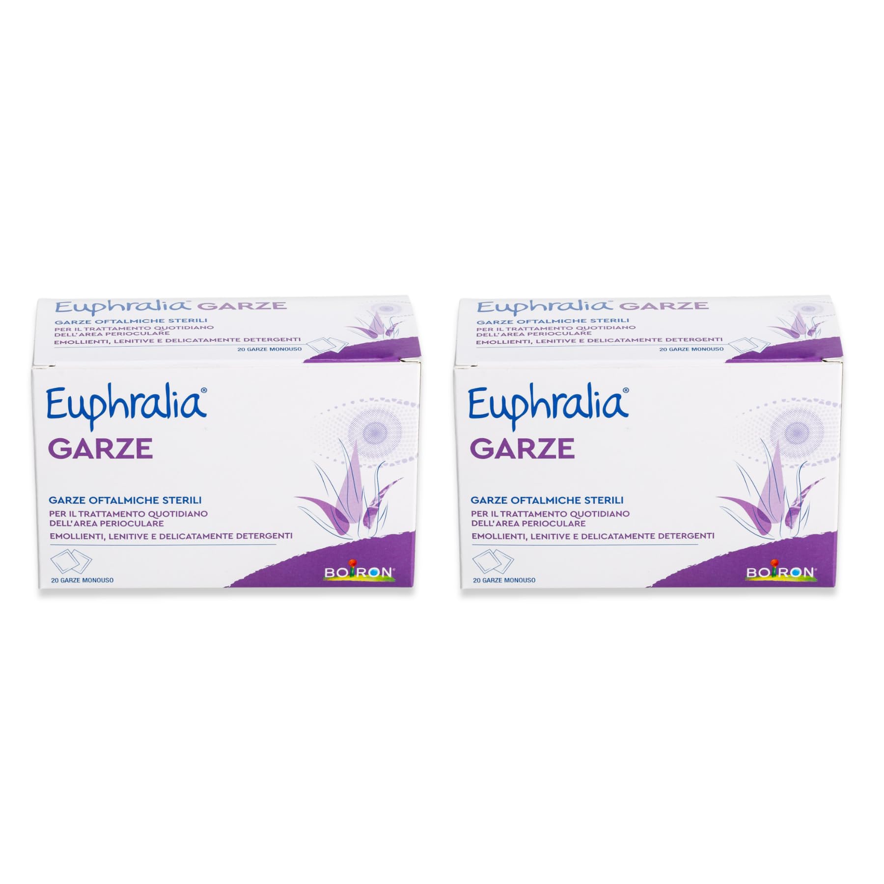 Euphralia Garze - Garze Oftalmiche Sterili, Monouso, Pulizia Occhi Infiammati e Allergici, Azione Detergente, Idratante e Lenitiva, con Acido laluronico e Aloe Vera - 2 Confezioni da 20 (2x20)