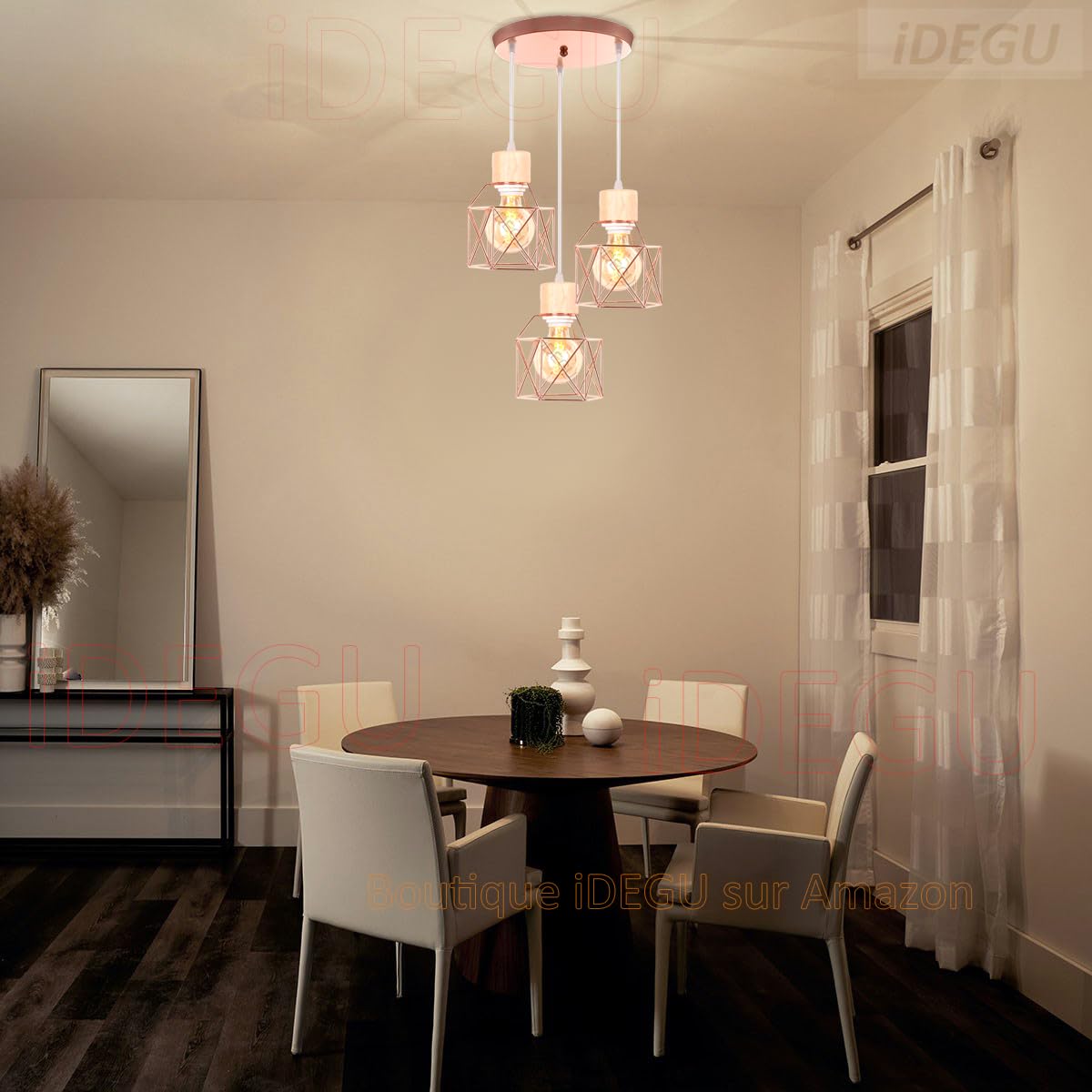 iDEGU 3 Lampes Suspension Luminaire Vintage Lustre Industriel en Bois Métal Rétro Plafonnier Abat-Jour Design Cage E27 Éclairage de Plafond pour Salon Chambre Cuisine (Or Rose, Bois, Cercle)