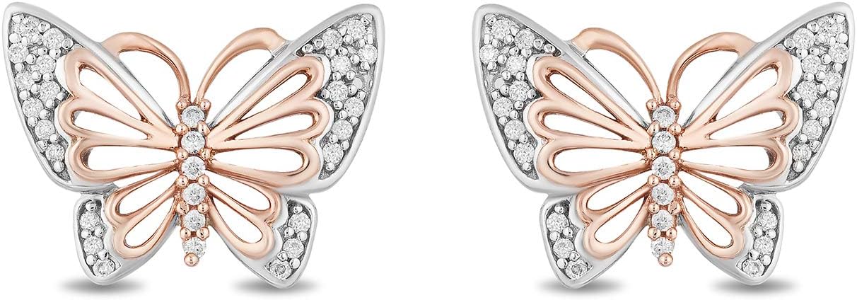 Jewelili Enchanted Disney Fine Jewelry 10K rose gold and sterling silver 1/10 cttw natural white round diamond butterfly mulan butterfly earrings
