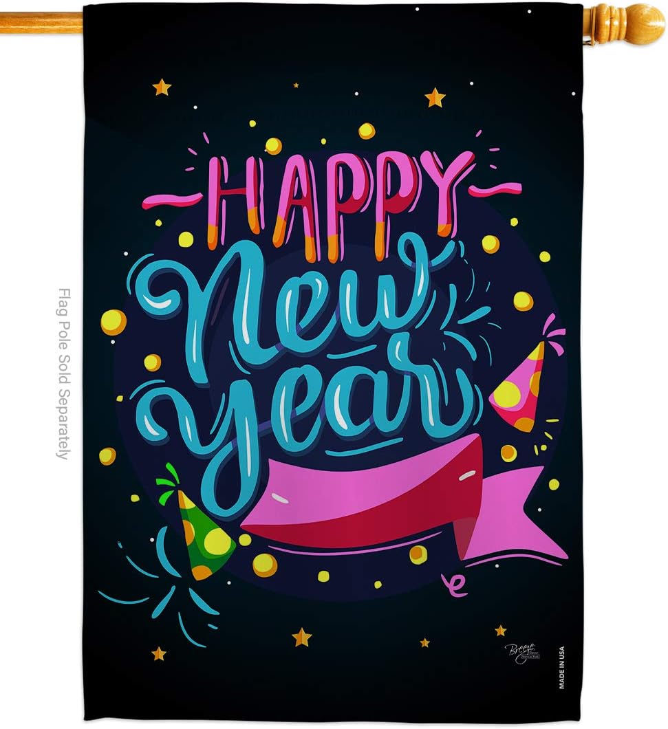 Popping Happy New Year House Flag Clock Countdown Champagne Party Fireworks Celebrate Small Decorative Gift Yard Banner Made In USA 28 X 40
