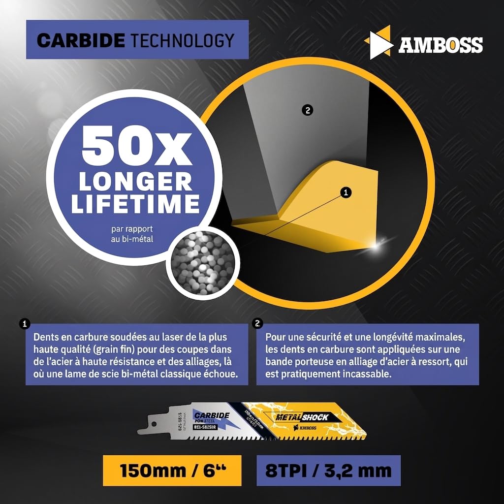 AMBOSS METAL SHOCK - 10x lame de scie sabre 150 mm / 8 dents - idéale pour la démolition/le sauvetage de véhicules/la construction/le démontage/la construction de tuyauteries - pour l'acier