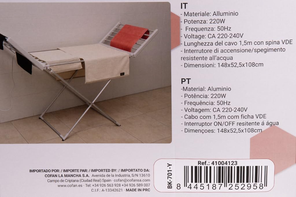Cofan Tendedero Extensible Eléctrico | 220W | Modelo Sahara | Fabricado en Aluminio | Medidas: 148 x 52 x 108 cm