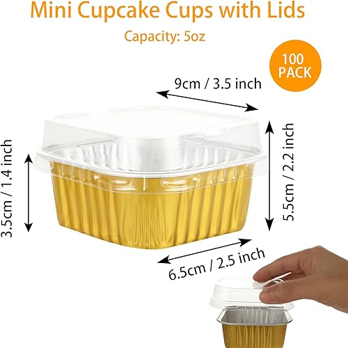 Miniatura 2 de Paquete de 100 tazas de aluminio para hornear con tapas, mini tazas cuadradas de 5 onzas, moldes desechables para magdalenas, forros para cupcakes