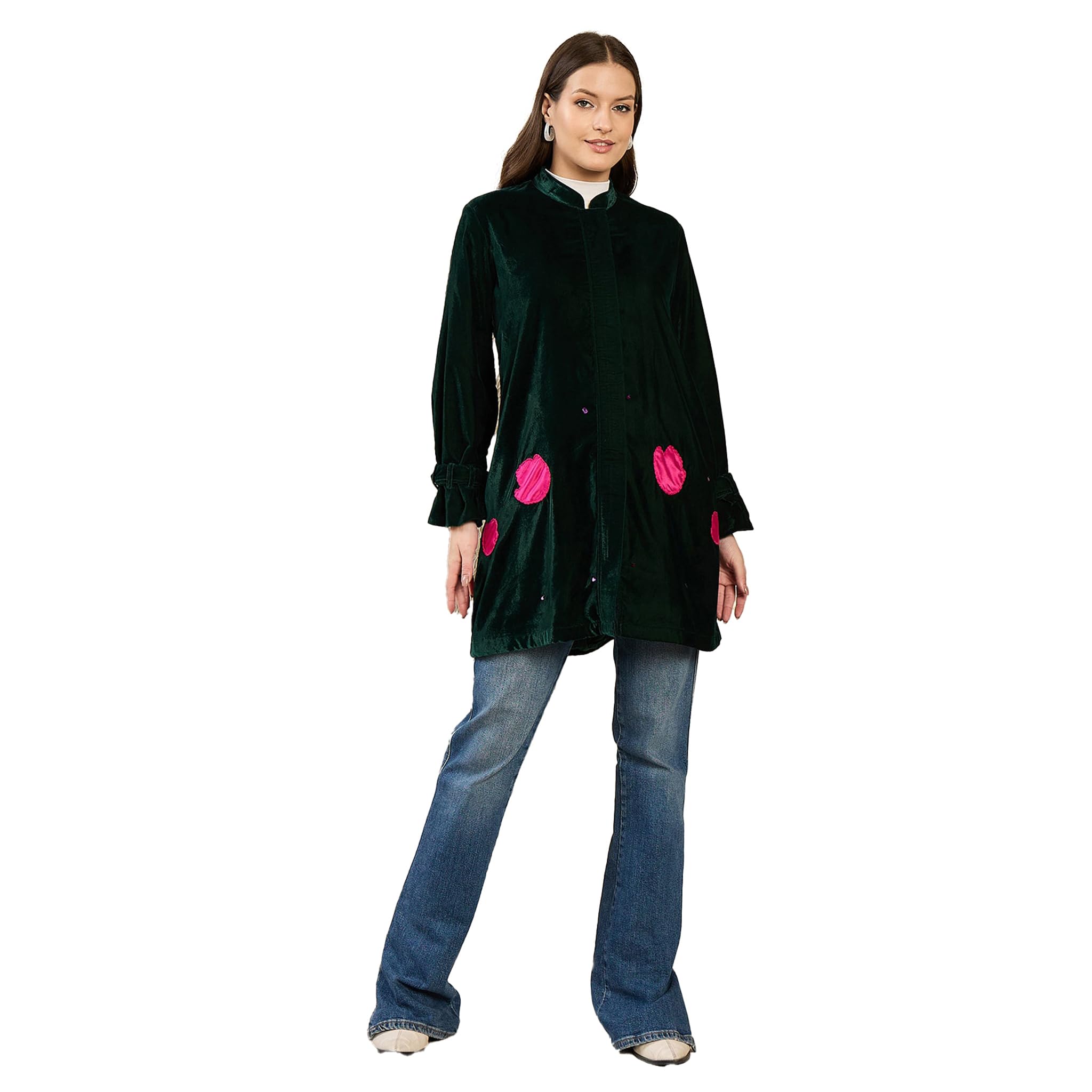first resort Bottle Green and Pink Tulip Floral Hand Embroidered Velvet Jacket-picture-24