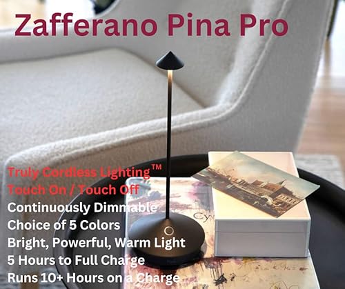 Zafferano Pina Pro Led Table Lamp (Color: Dark Grey) In Aluminum, Ip54 Protection, Indoor/Outdoor Use, Contact Charging Base, H29Cm, Usa Plug #TOP1