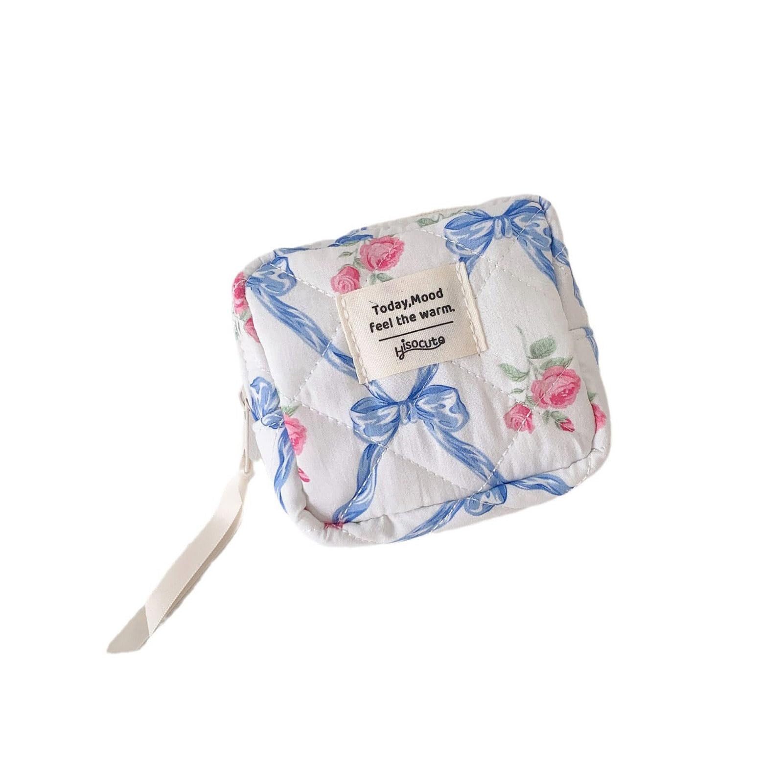 Mekalero Blue Compact Floral Cosmetic Case With Interior Dividers Sturdy Polycotton Fabric For Daily Essential Organization Bowknot Flower Cosmetic Bag