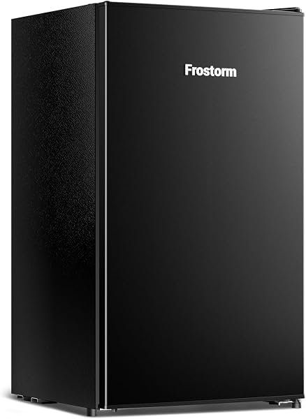 Frostorm Frostorm 3.2 Cu Ft Mini Fridge with Freezer - Energy Efficient, Large Capacity Single Door Upright Freezer for Bedroom, Office & Dorm | Small Fridge, Reversible Door, ETL Certified(Black) in use
