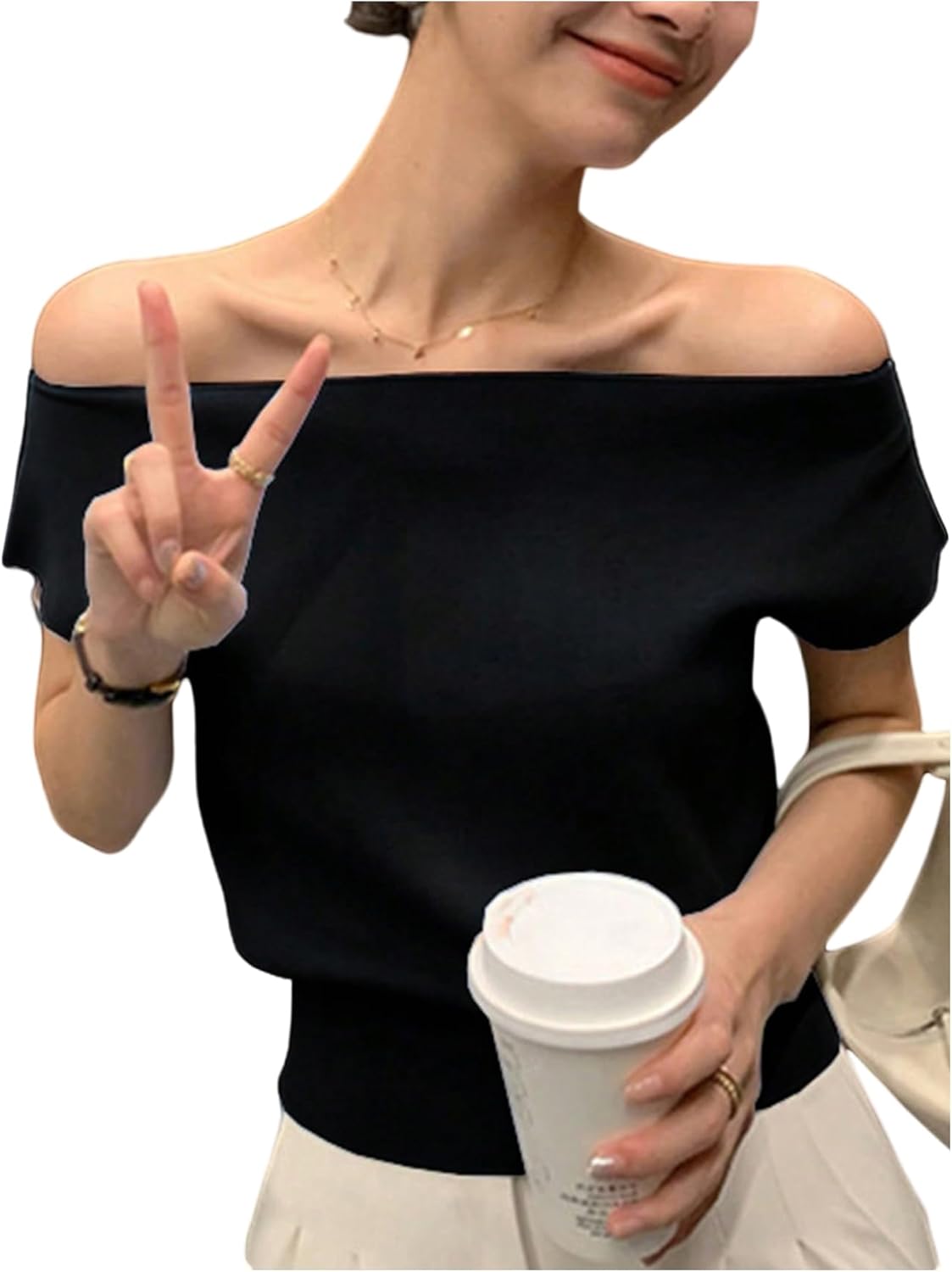 SHENHE Women's Off The Shoulder Top Short Dolman Sleeve Knit Pullover Sweater