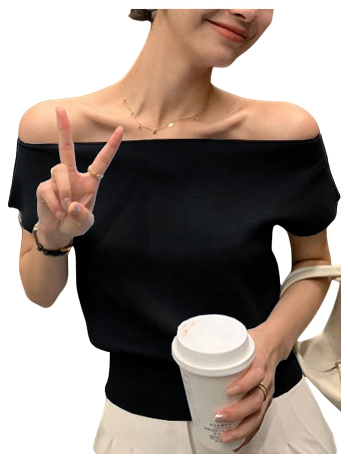 WDIRARA Womens Off The Shoulder Tops Casual Short Sleeve Tunic T Shirts Lightweight Knit Sweaters