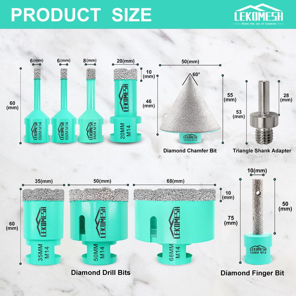 Punte Diamantate per Piastrelle - 10 pezzi (6/6/8/20/35/50/68mm+10mm Fresa Diamantata+50mm Punte per Smusso+Adattatore) Seghe a Tazza Diamantata per Gres Porcellana Ceramica